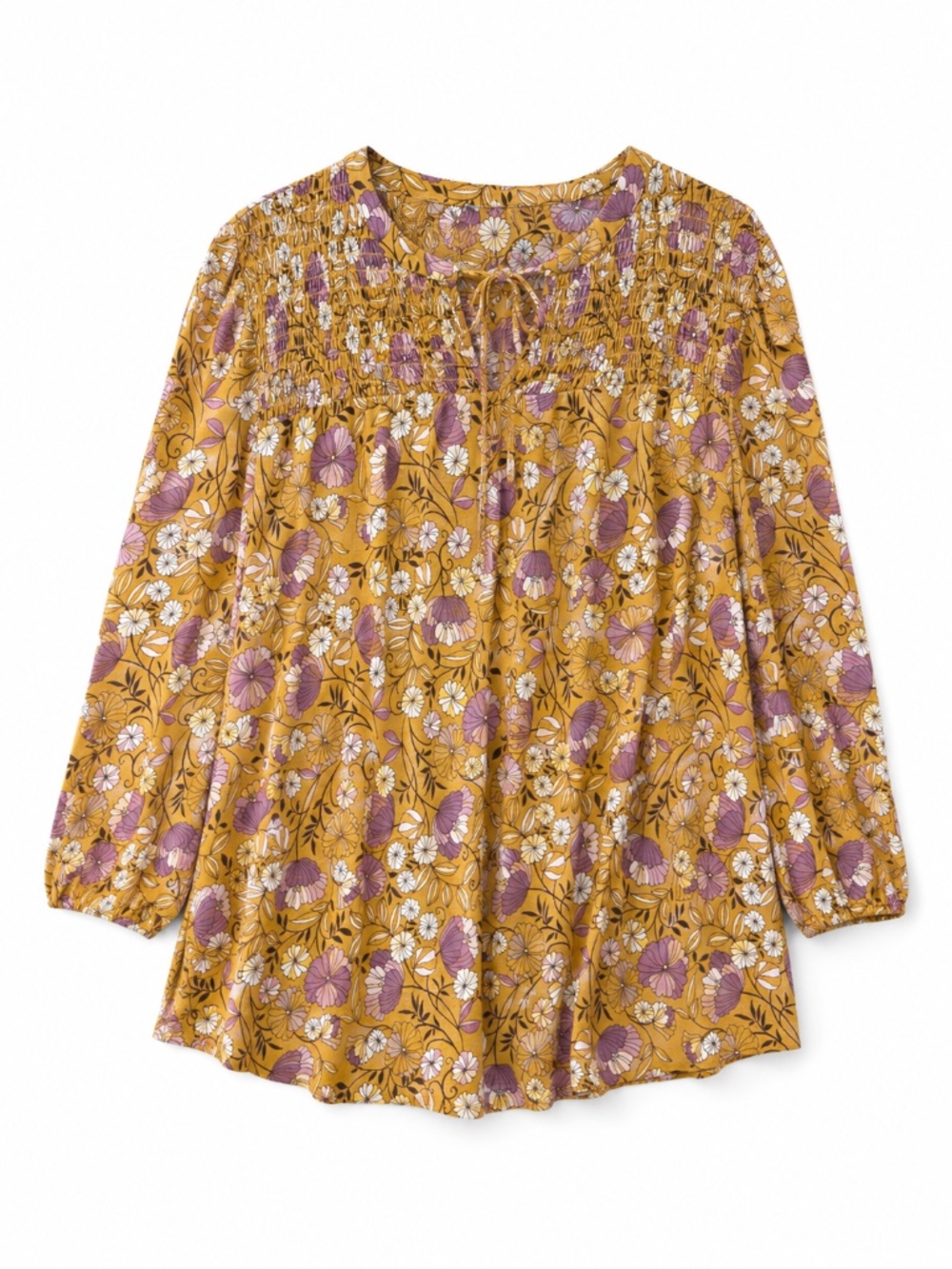 Boho top/shirt/blouse XXL 3/4 sleeve smocking keyhole tie brown/floral stretch